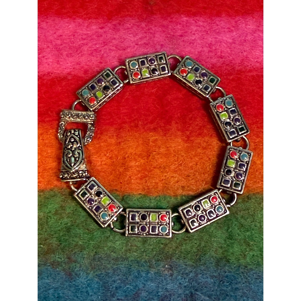 VTG Silver Tone Multicolor Enamel Geometric Link Bracelet Magnetic Clasp 6.75in
